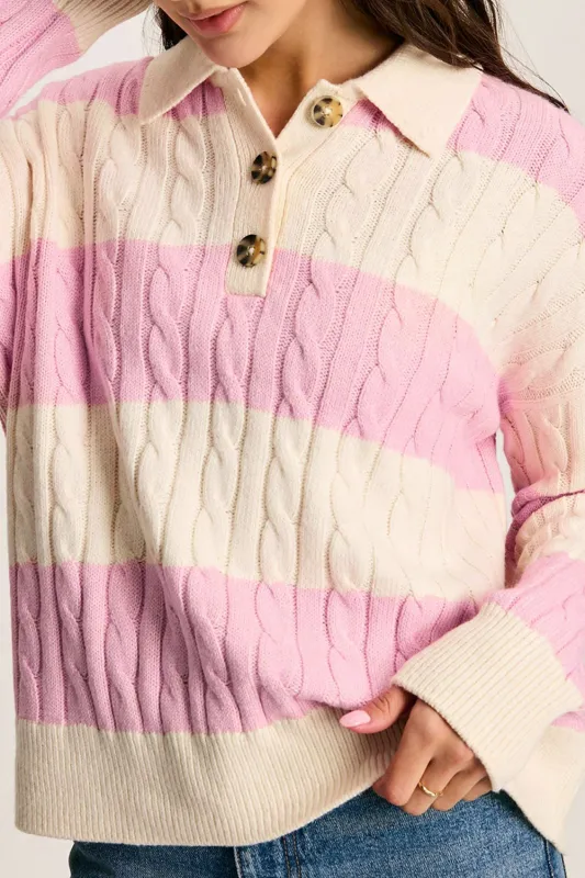 Pink Stripe Cable Knit Collared Henley Sweater sold by eAura