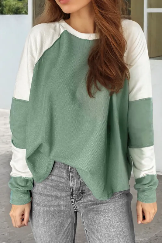 Mint Green Ribbed Colourblock Patchwork Raglan Long Sleeve Top sold by eAura