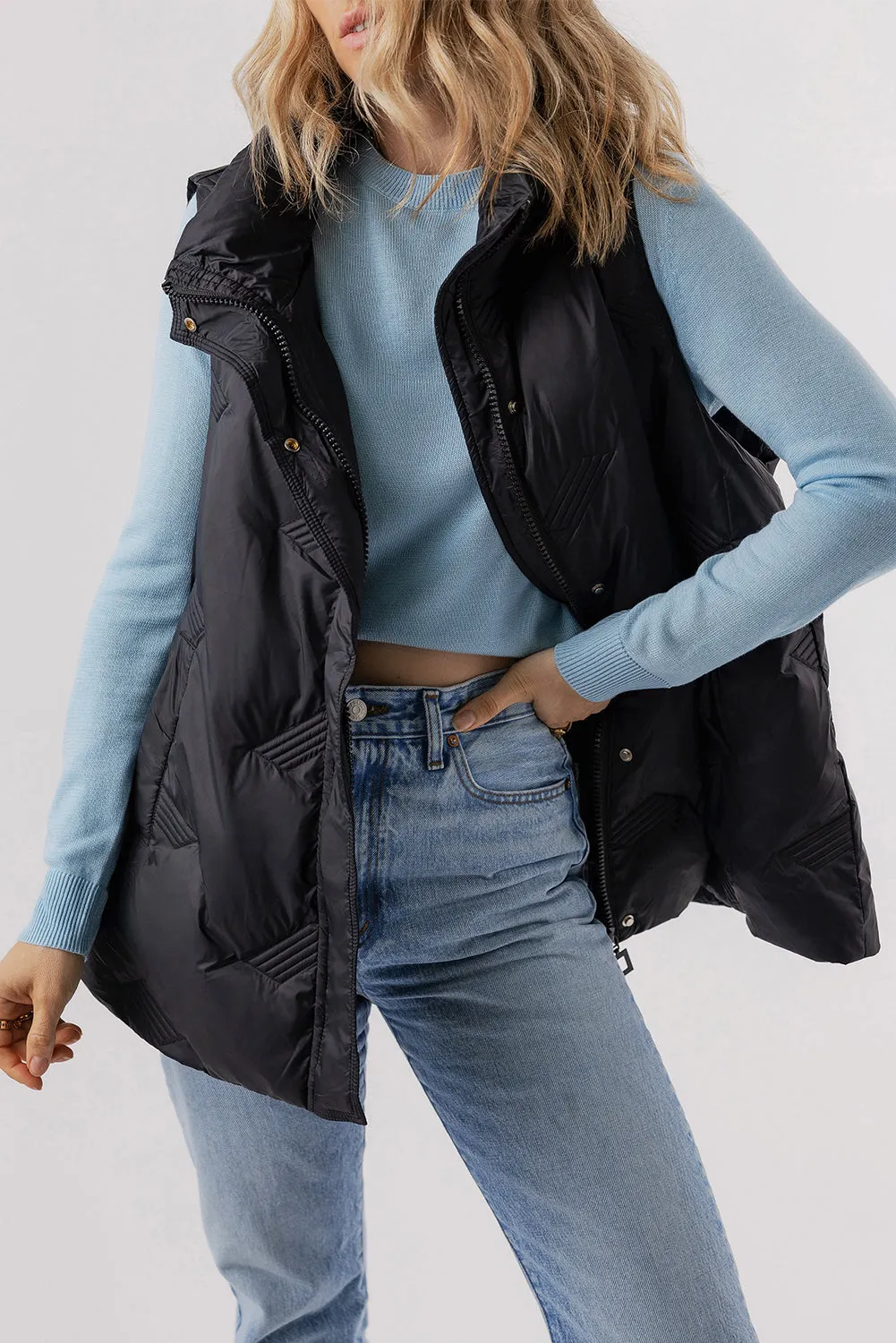 Black Quilted High Neck Zip Up Jacket Vest sold by eAura product image thumbnail 3