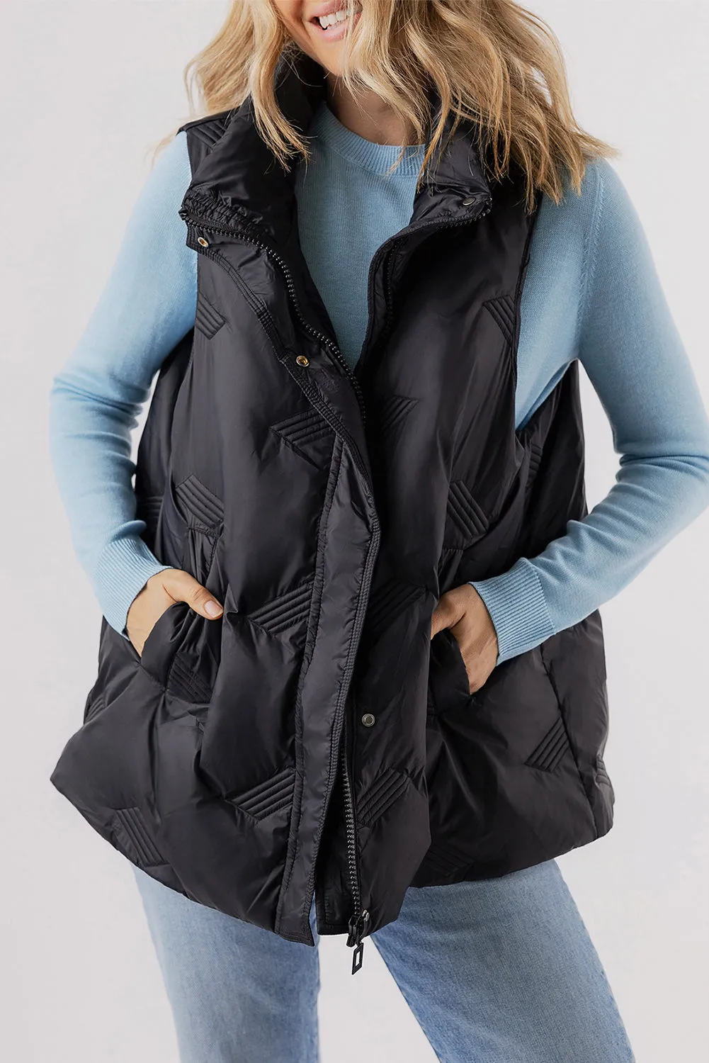 Black Quilted High Neck Zip Up Jacket Vest sold by eAura