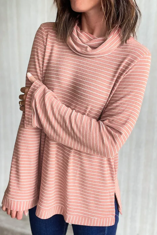 Pink Stripe Cowl Neck Side Slits Loose Fit Long Sleeve Top sold by eAura