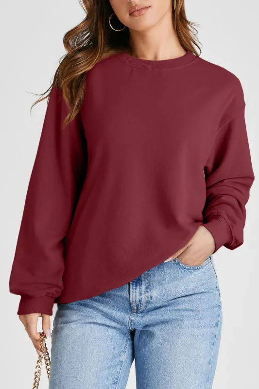 Burgundy Plain Drop Shoulder Crewneck Pullover Sweatshirt sold by eAura