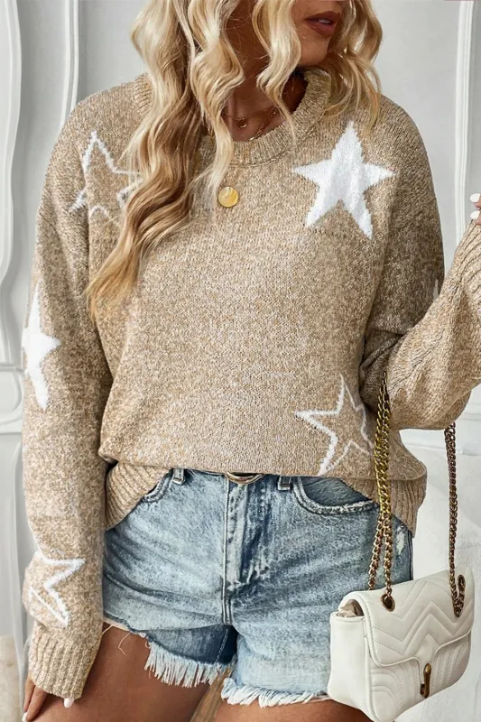 Khaki Star Pattern Drop Shoulder Plus Size Sweater sold by eAura