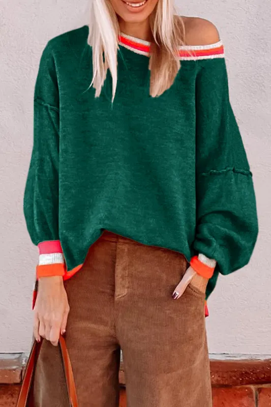 Blackish Green Colourblock Striped Trim Drop Shoulder Sweater sold by eAura