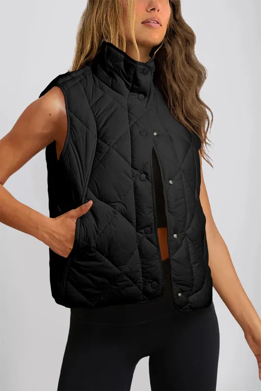 Black Quilted High Neck Button Up Pocket Vest sold by eAura