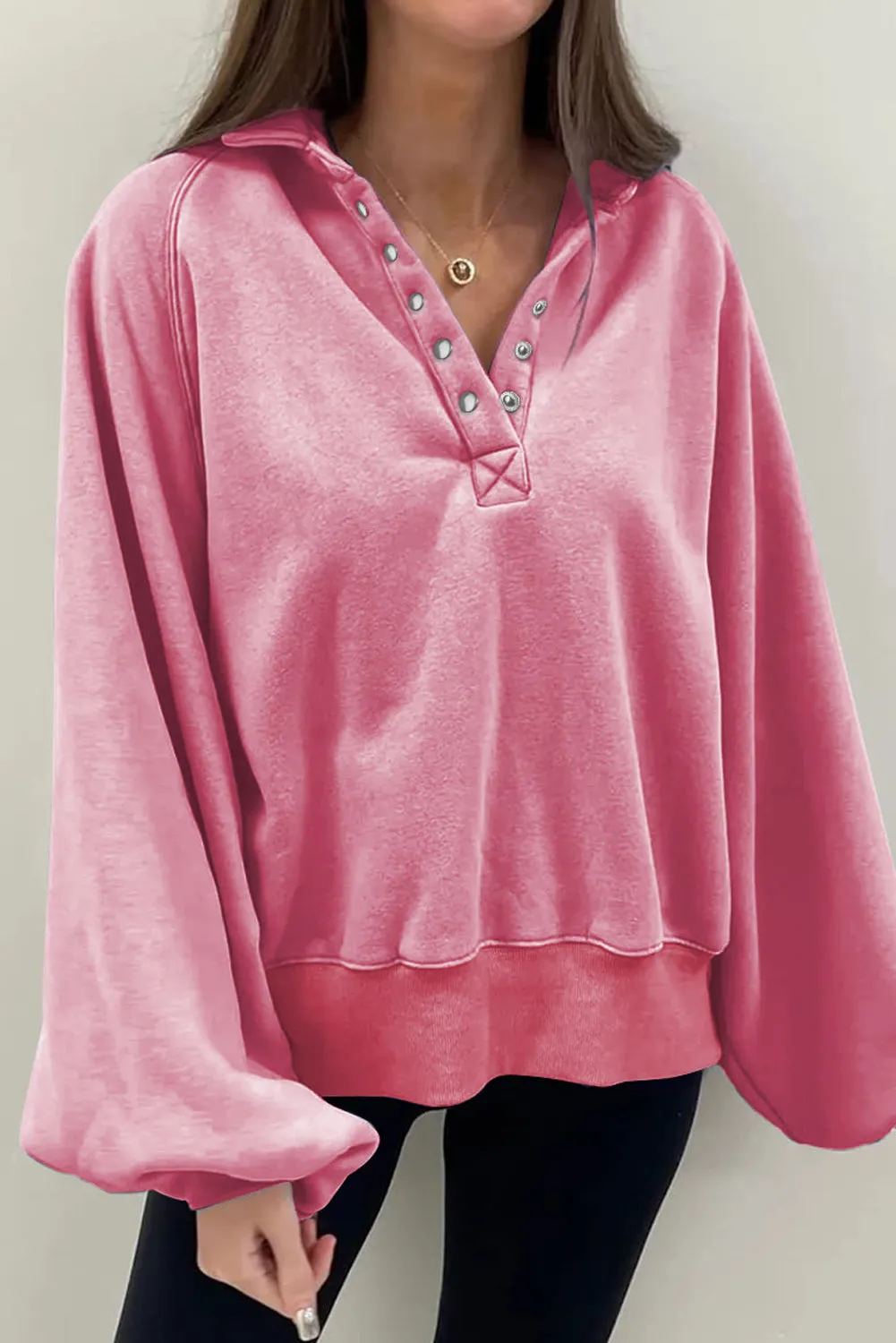 Pink Solid Snap Buttons Collared Balloon Sleeve Oversized Sweatshirt sold by eAura