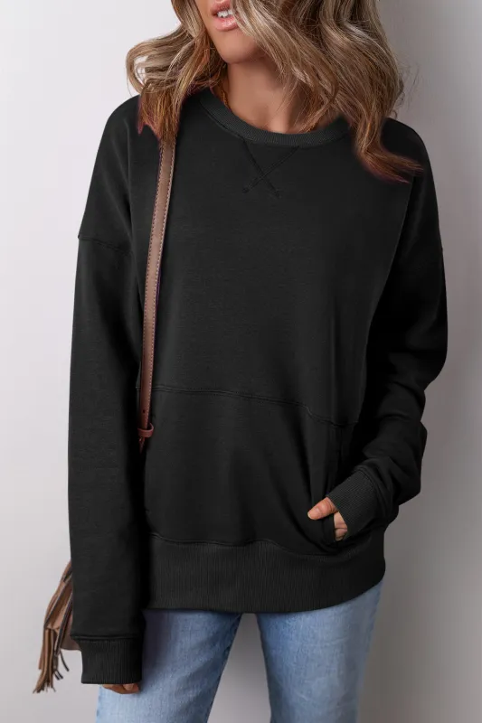Black Drop Shoulder Crisscross Stitching Pocketed Loose Sweatshirt made by eAura