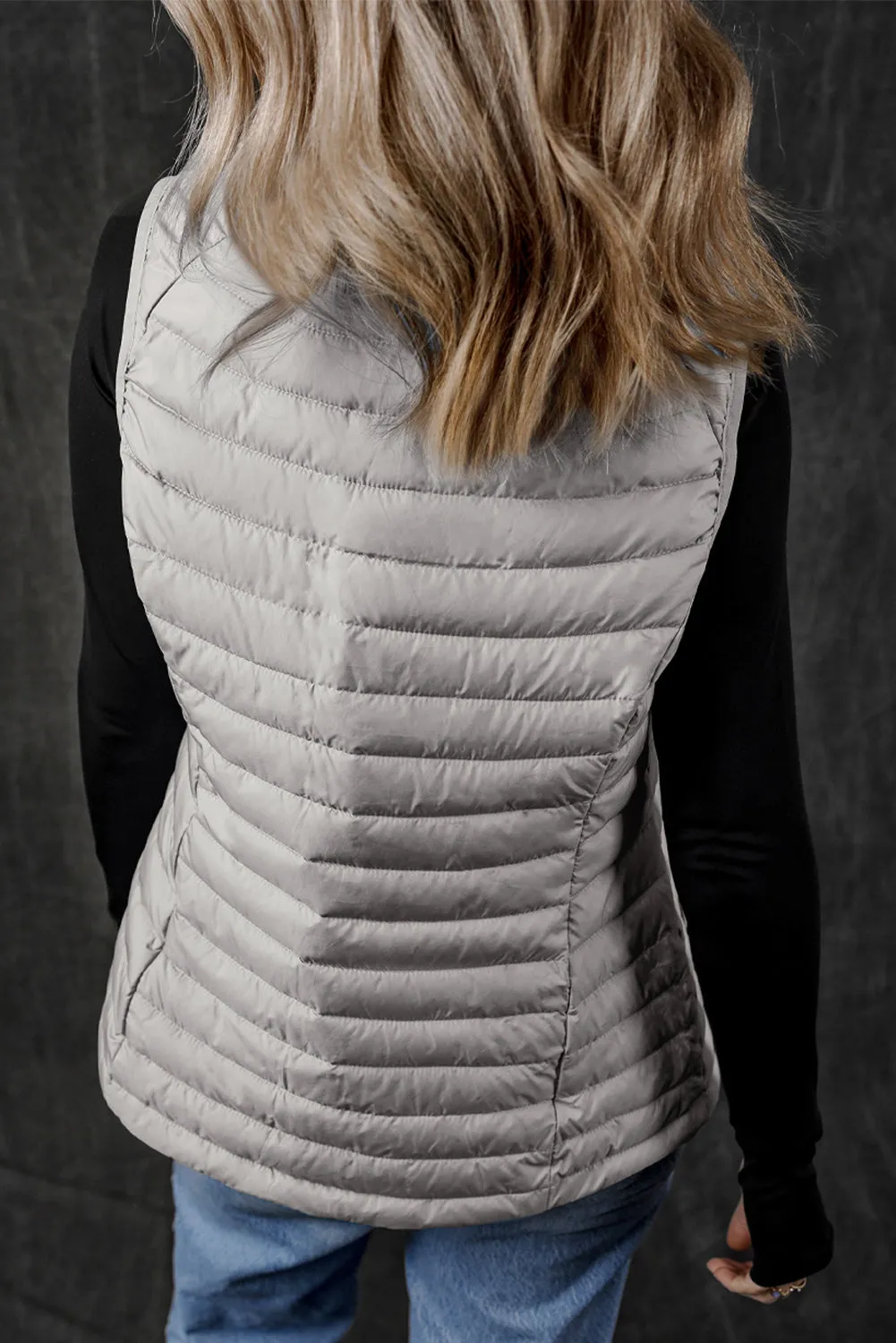 Silvery Plush Collared Quilted Zipped Puffer Vest sold by eAura product image thumbnail 2