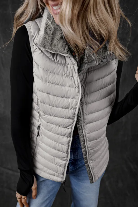 Silvery Plush Collared Quilted Zipped Puffer Vest sold by eAura