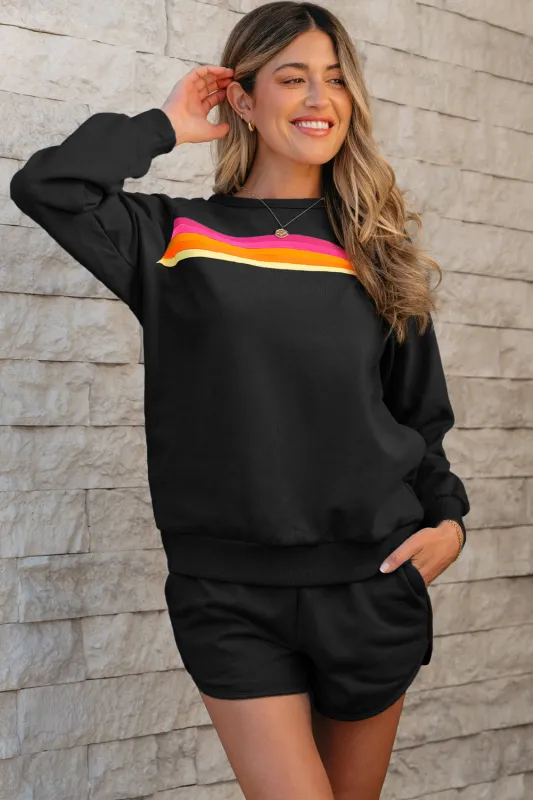 Black Striped Accent Pullover and Shorts Two Piece Casual Set sold by eAura