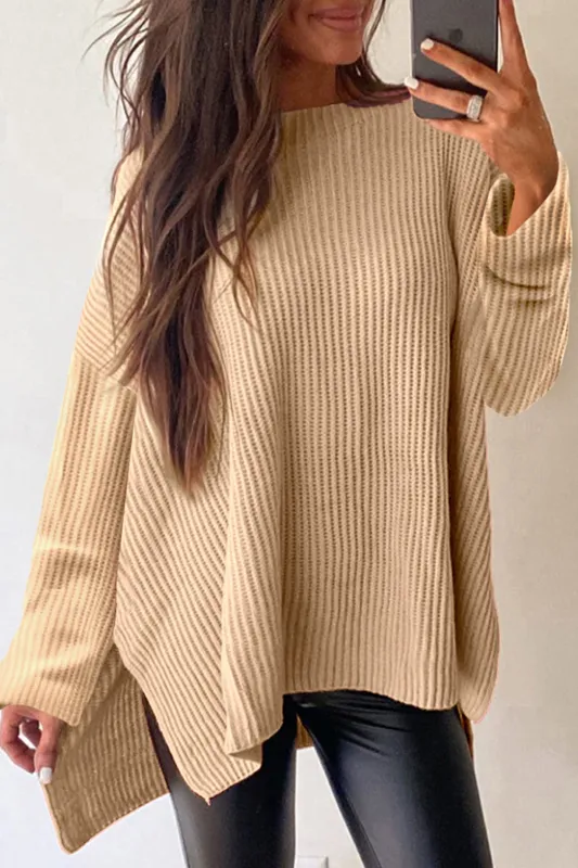 Apricot Cable Knit Drop Shoulder Side Slits Loose Sweater sold by eAura