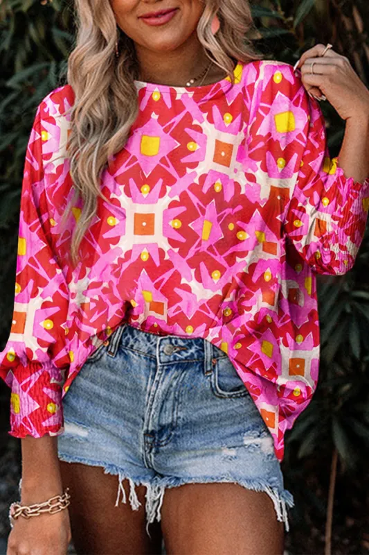 Strawberry Pink Geometric Print Shirred Cuff 3/4 Sleeve Loose Blouse sold by eAura
