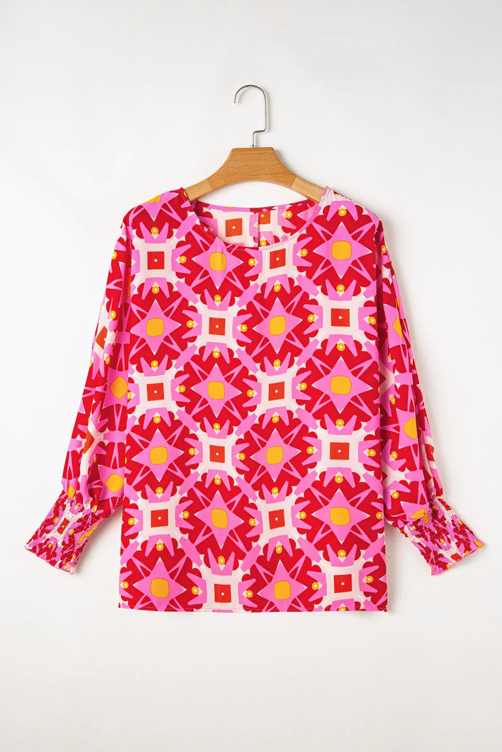 Strawberry Pink Geometric Print Shirred Cuff 3/4 Sleeve Loose Blouse sold by eAura product image thumbnail 3