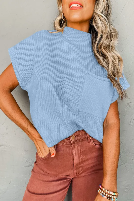 Beau Blue Patch Pocket Ribbed Knit Short Sleeve Sweater sold by eAura