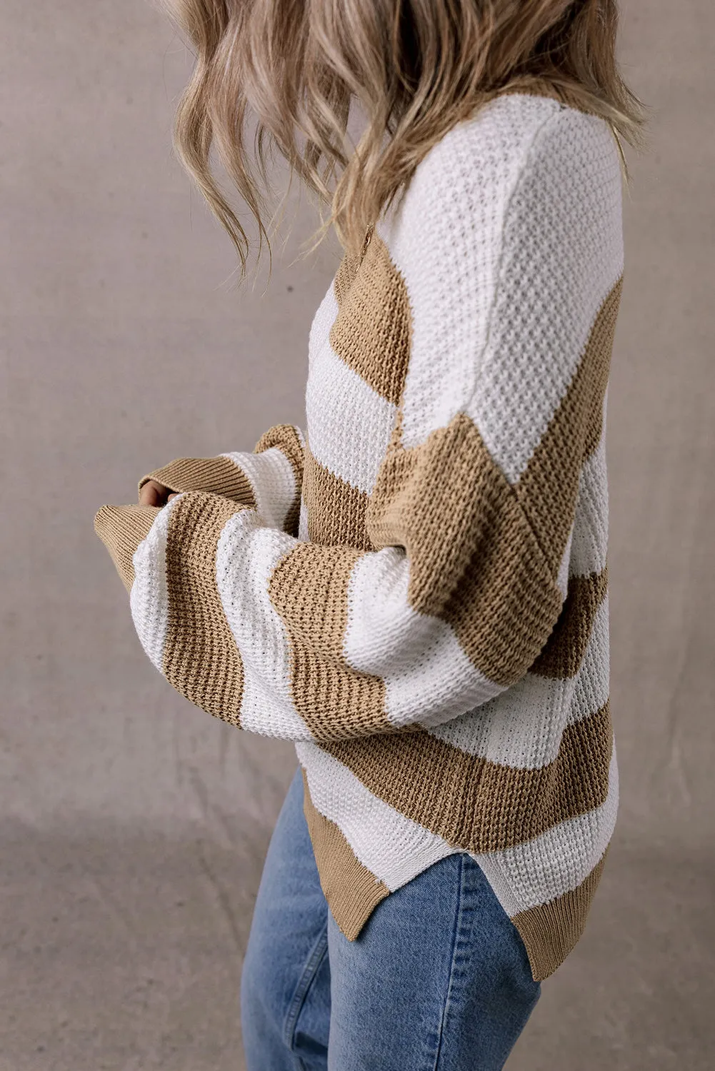 Light French Beige Colourblock Striped Drop Shoulder Side Slit Sweater sold by eAura product image thumbnail 3