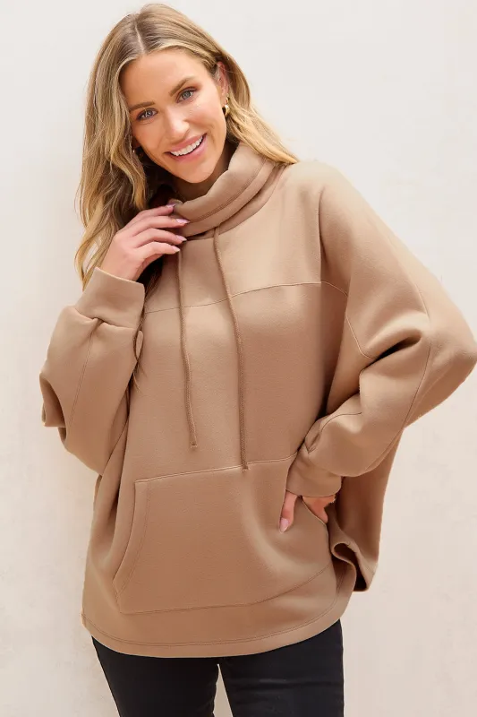 Light French Beige Drawstring Turtleneck Dolman Sleeve Sweatshirt sold by eAura
