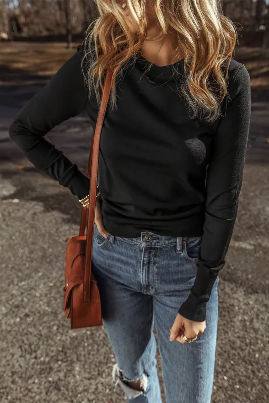 Black Solid Colour Slim Fit Lightweight Crew Neck Sweater sold by eAura