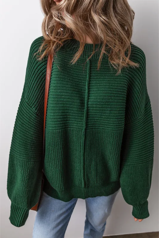 Blackish Green Textured Knit Crewneck Lantern Sleeve Sweater sold by eAura