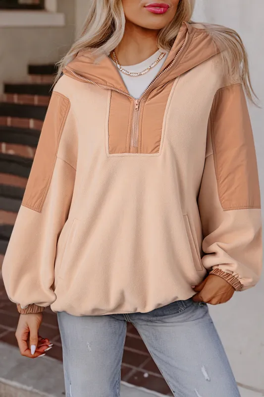 Light French Beige Colourblock Patchwork Half Zip Oversized Sherpa Hoodie sold by eAura