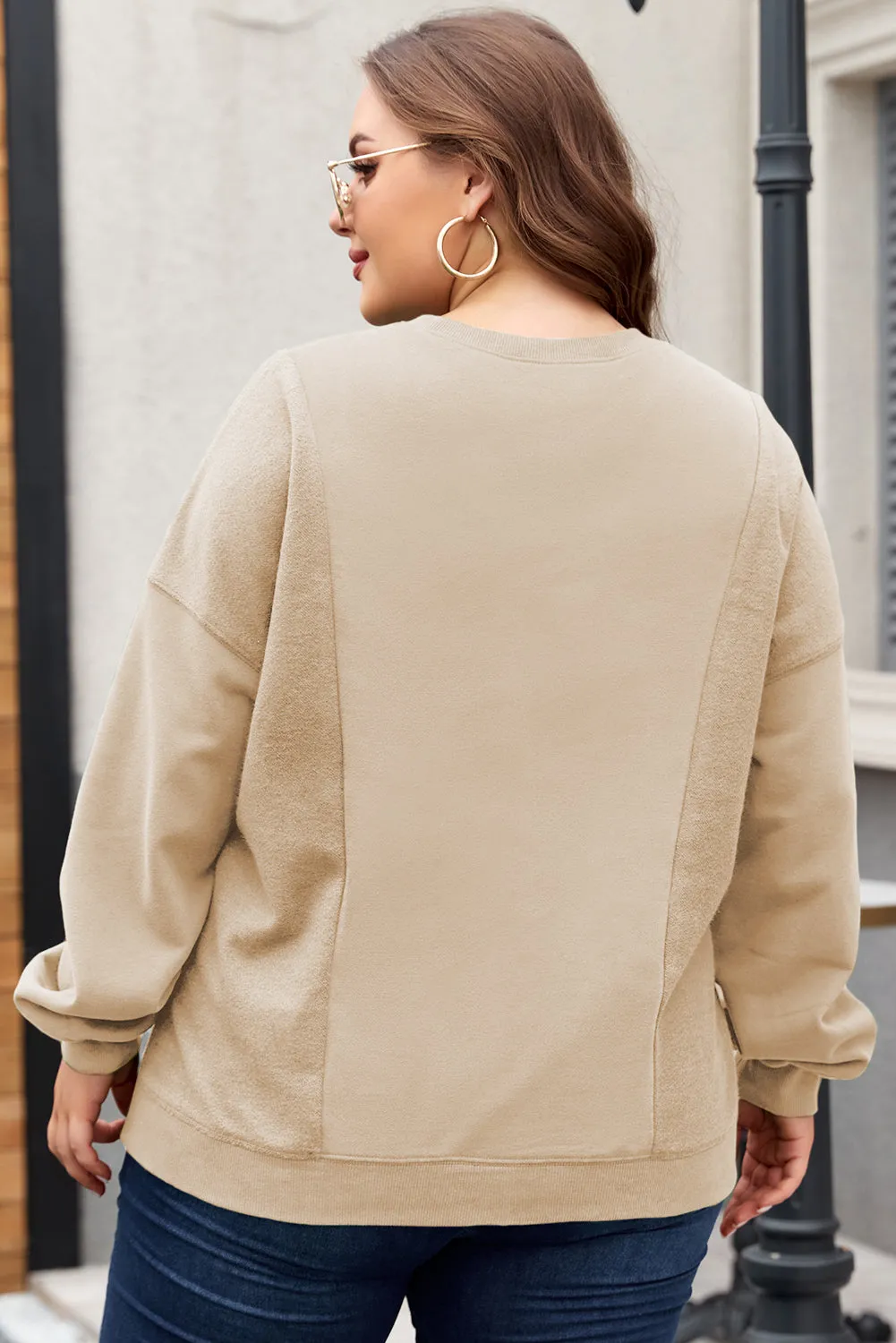 Apricot Loose Patchwork Crewneck Plus Size Sweatshirt sold by eAura product image thumbnail 2