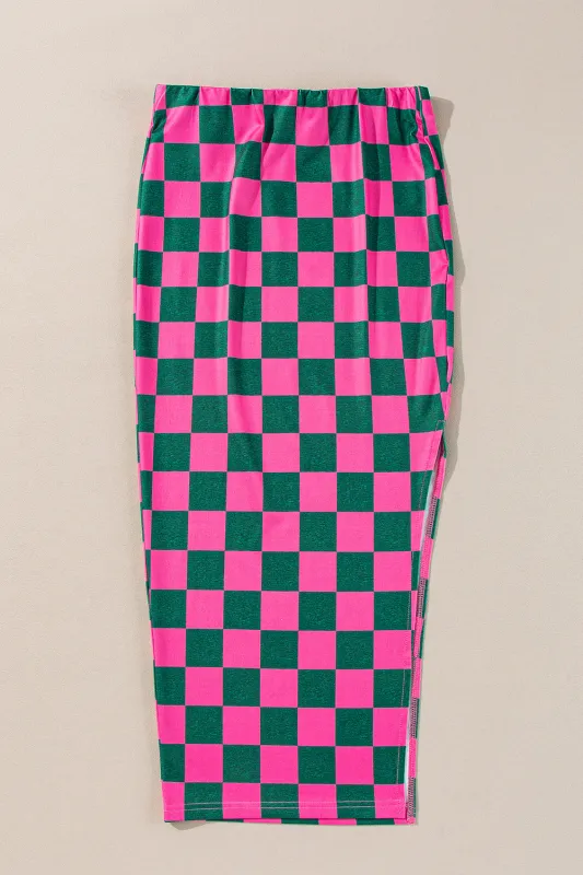 Rose Checkered Print Side Slit High Waist Midi Skirt sold by eAura