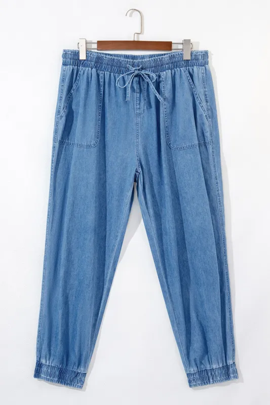 Dusk Blue Drawstring Waist Pocketed Plus Size Denim Joggers sold by eAura
