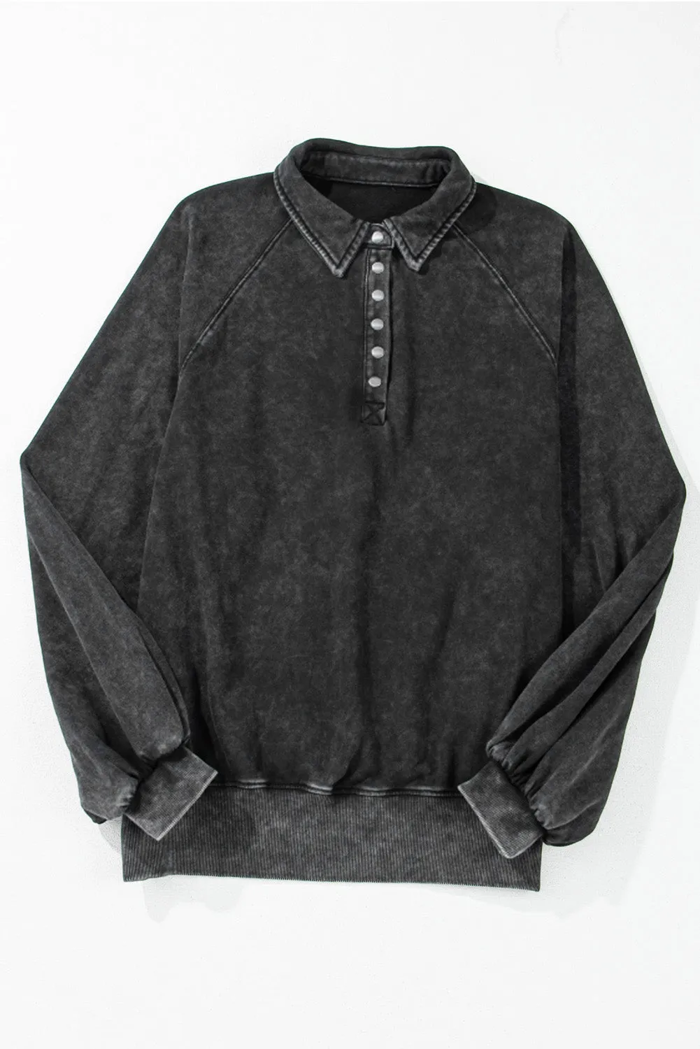 Black Solid Snap Buttons Collared Balloon Sleeve Oversized Sweatshirt sold by eAura product image thumbnail 4