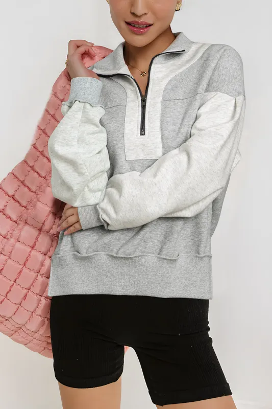 Grey Half Zipper Collared Drop Shoulder Side Slits Sweatshirt sold by eAura