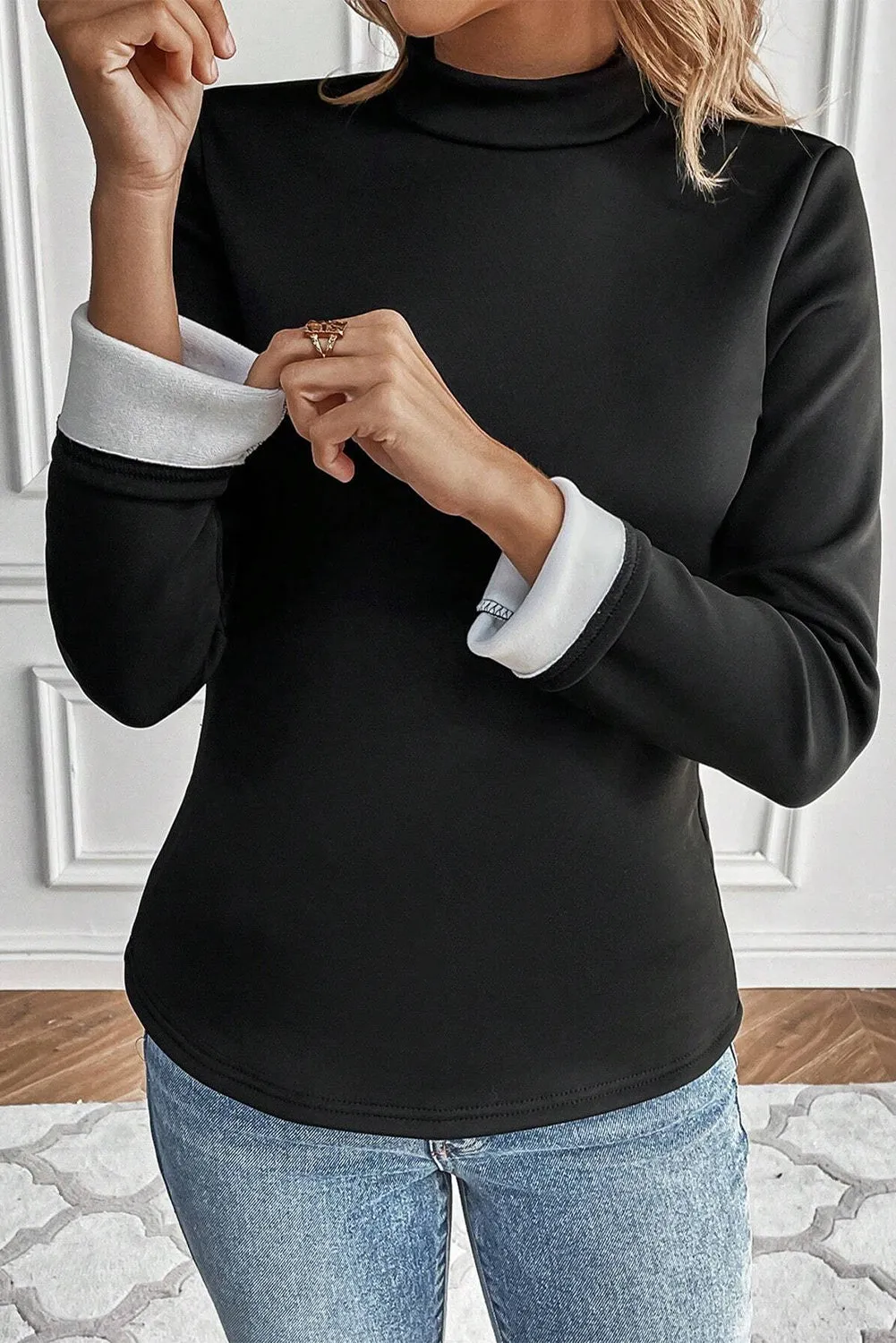 Black Mock Neck Thermal Lined Long Sleeve Tee sold by eAura product image thumbnail 3