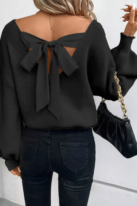 Black Lantern Sleeve V Neck Knot Back Sweater made by eAura