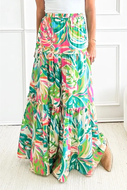 Green Abstract Printed High Waist Tiered Maxi Skirt sold by eAura