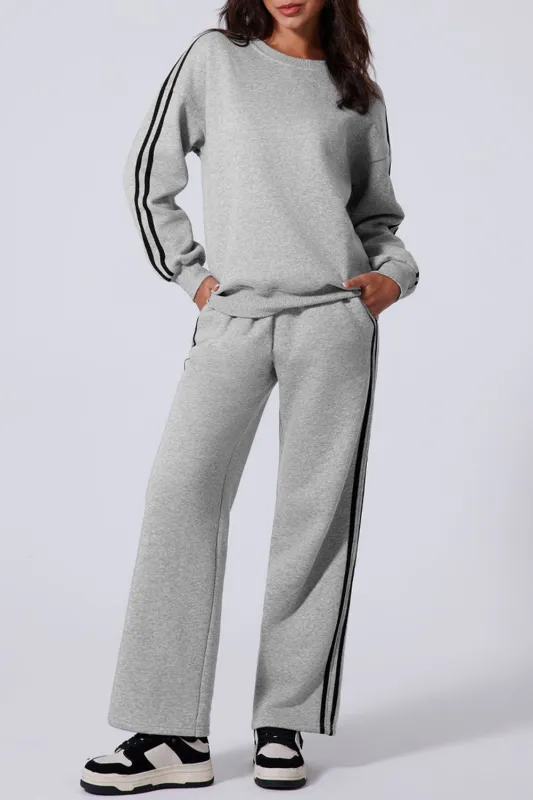 Light Grey Solid Colour Side Striped Sweatshirt Active Set sold by eAura
