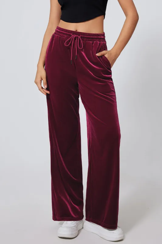 Burgundy Solid Drawstring Waist Wide Leg Trousers sold by eAura