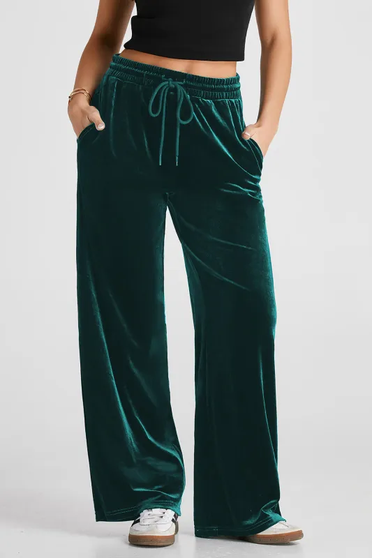 Evergreen Solid Drawstring Waist Wide Leg Trousers sold by eAura