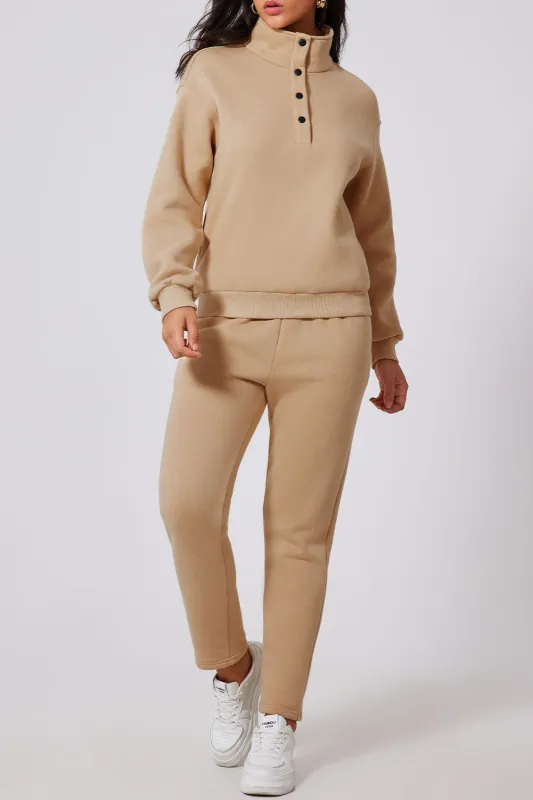 Parchment Solid Half Button Sweatshirt and High Waist SweatTrousers Set made by eAura