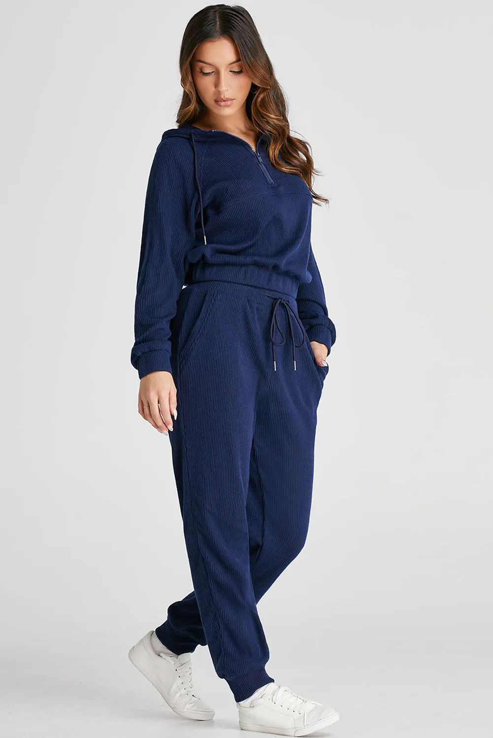 Navy Blue Ribbed Knit Cropped Hoodie and Drawstring Joggers Set sold by eAura product image thumbnail 3