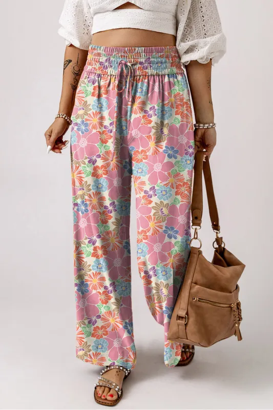 Pink Floral Smocked Waist Loose Trousers sold by eAura