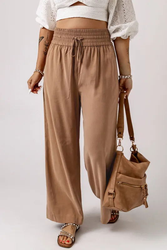 Brown Drawstring Elastic Waist Casual Wide Leg Trousers sold by eAura
