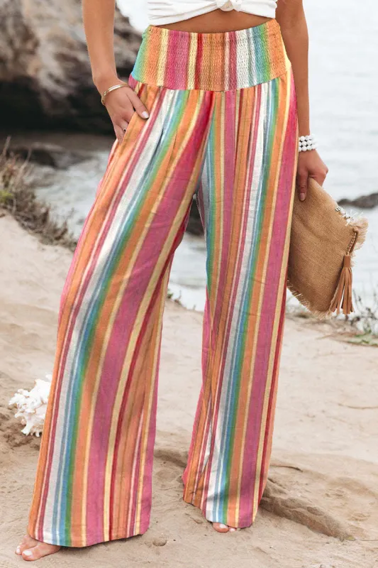 MultiColour Striped Smocked High Waist Wide Leg Trousers sold by eAura