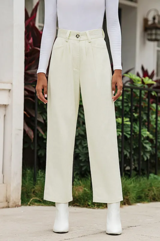 Beige Corduroy High Waist Straight Leg Trousers sold by eAura