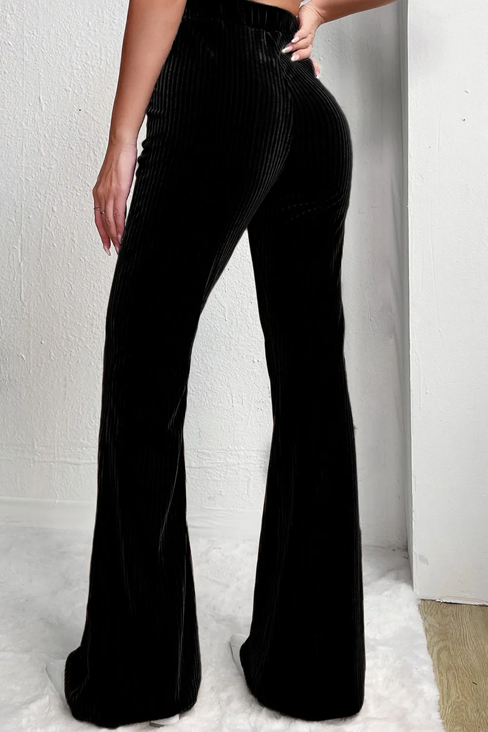 Black Solid Colour High Waist Flare Ribbed Trousers sold by eAura product image thumbnail 2