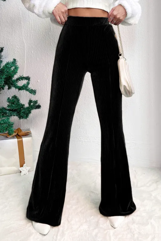 Black Solid Colour High Waist Flare Ribbed Trousers sold by eAura