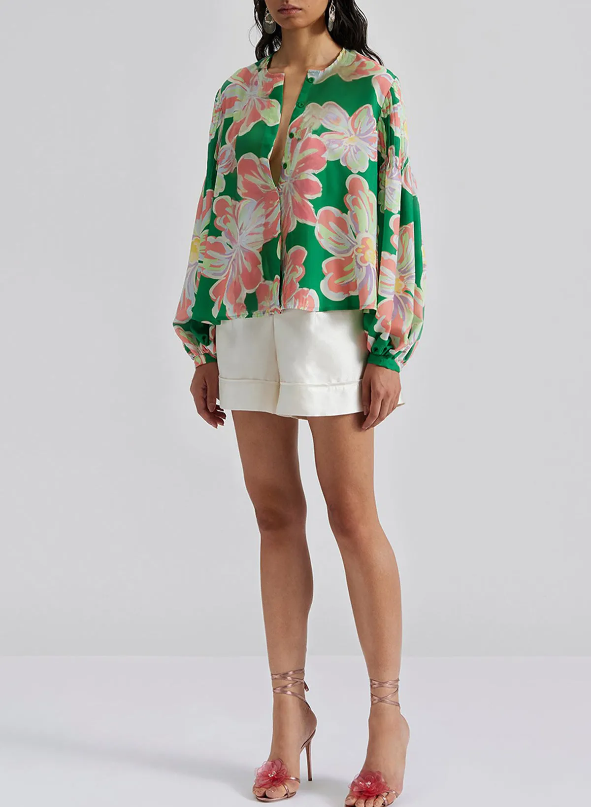 Green Floral Print Button up Pleated Puff Sleeve Loose Shirt sold by eAura product image thumbnail 3