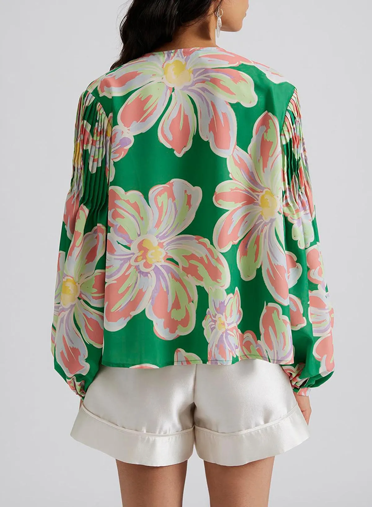 Green Floral Print Button up Pleated Puff Sleeve Loose Shirt sold by eAura product image thumbnail 2