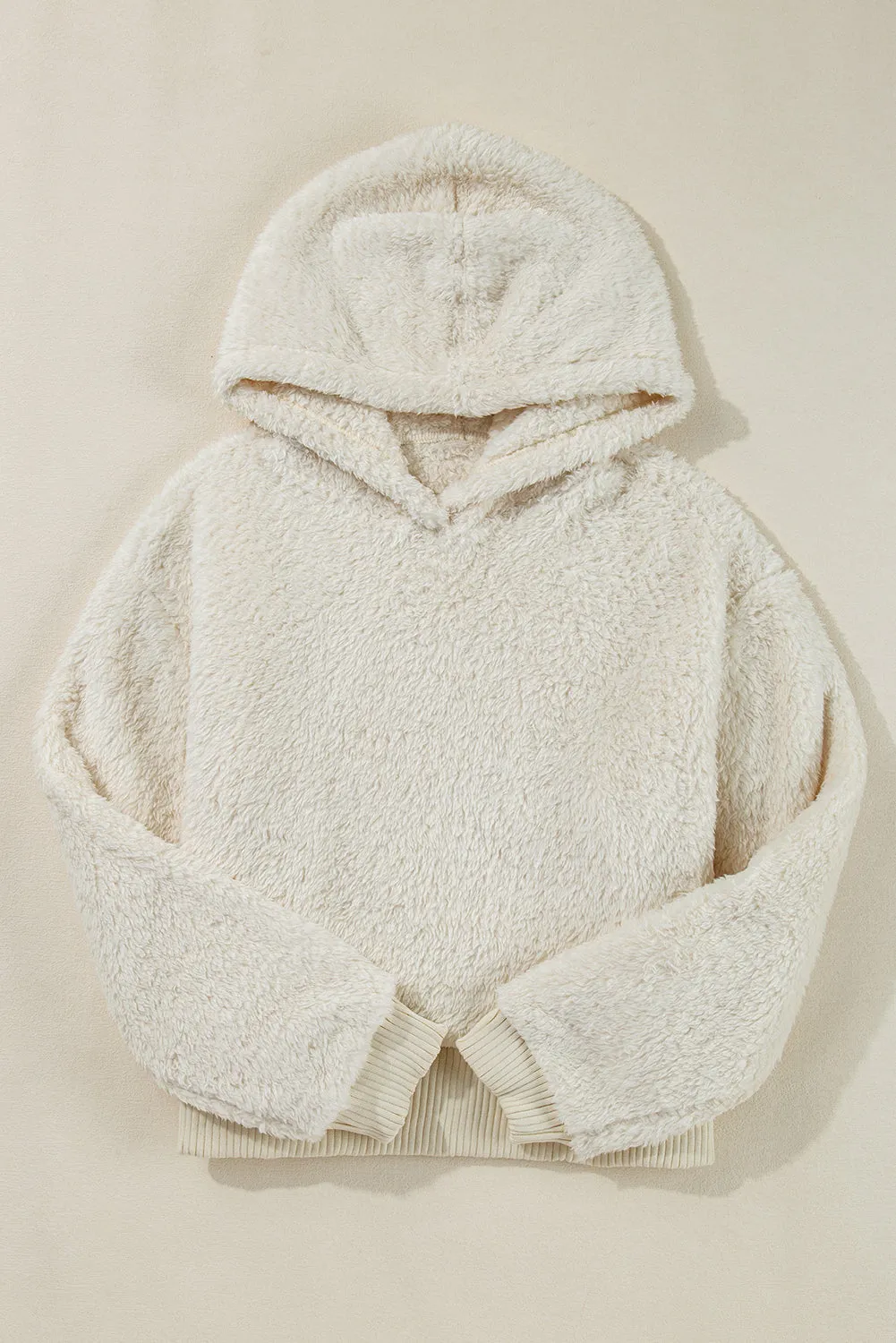 White Contrast Ribbed Edge Plush Hoodie sold by eAura product image thumbnail 4