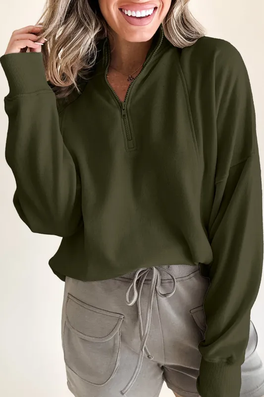 Jungle Green Zipped Neck Pullover Drop Shoulder Sweatshirt sold by eAura