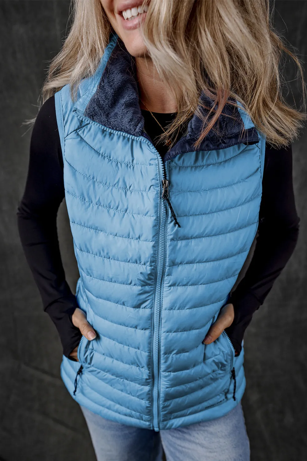 Sky Blue Plush Collared Quilted Zipped Puffer Vest sold by eAura product image thumbnail 3