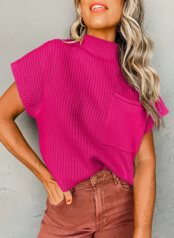 Patch Pocket Ribbed Knit Short Sleeve Sweater sold by eAura