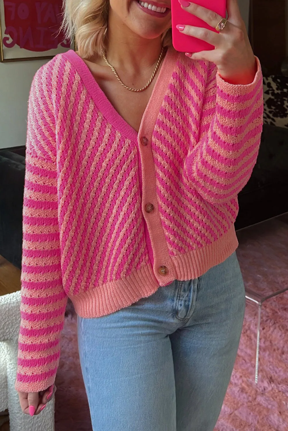 Pink Striped Buttoned V Neck Drop Shoulder Cardigan sold by eAura