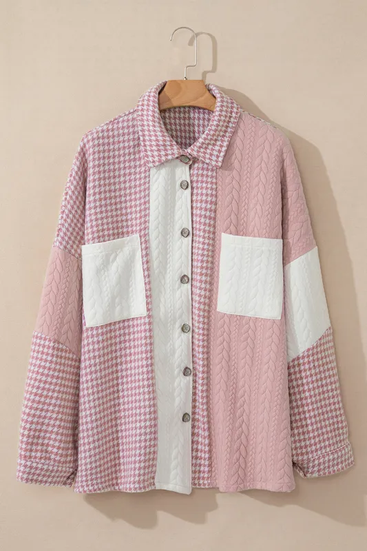 Pink Houndstooth Colour Contrast Textured Patchwork Loose Shacket sold by eAura